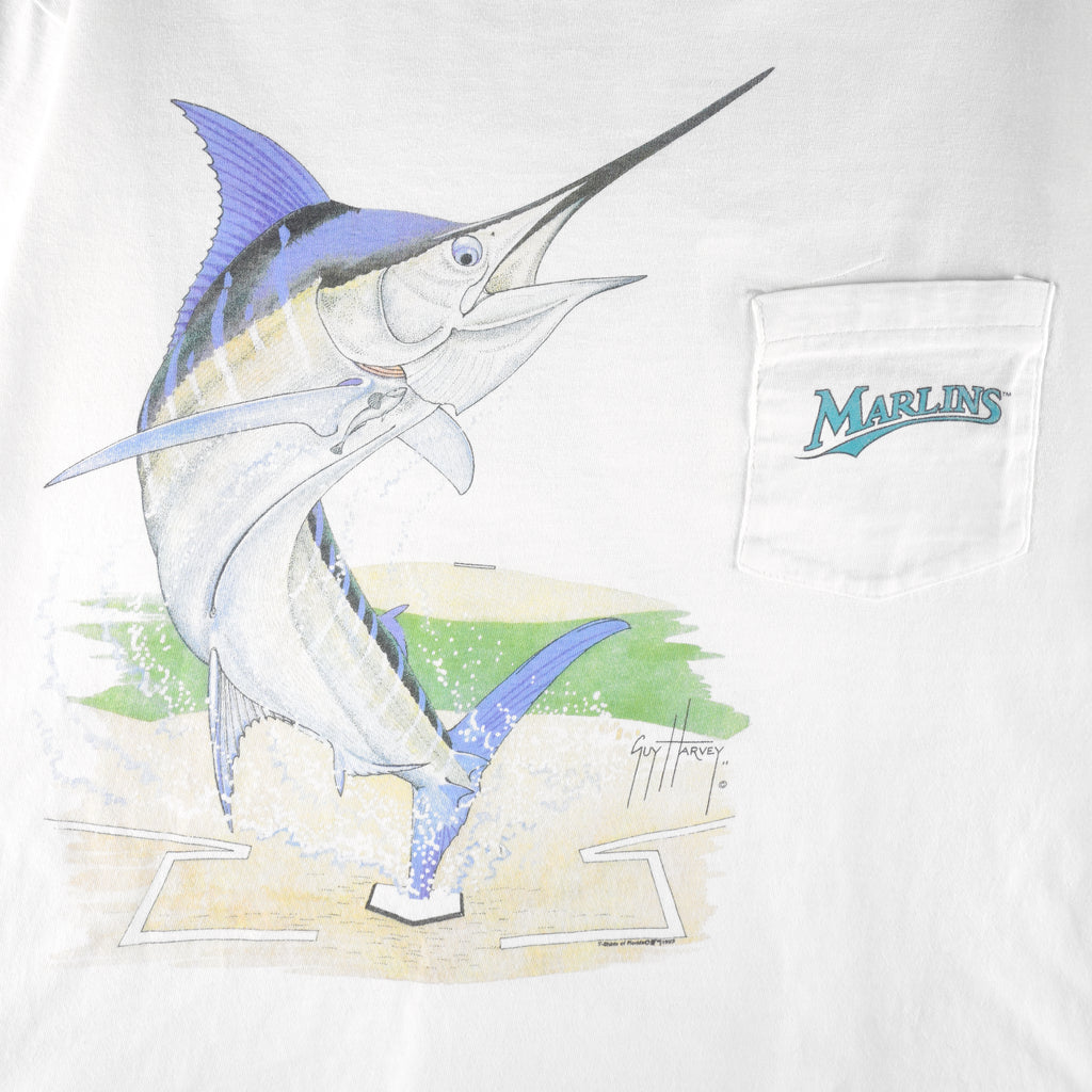MLB (Guy Harvey) - Florida Marlins Catch The Fever Single Stitch T-Shirt 1993 Large Vintage Retro Baseball