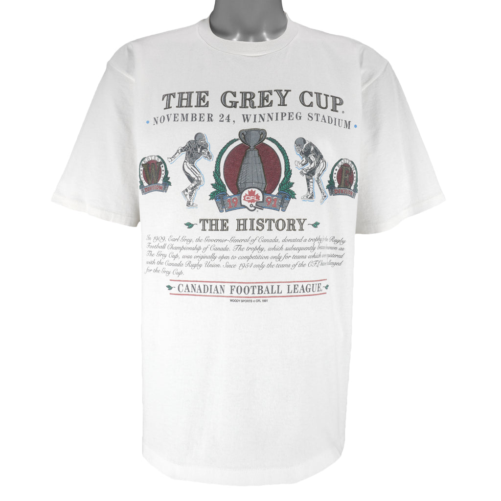 CFL (Woody Sports) - The Grey Cup History Single Stitch T-Shirt 1991 Large Vintage Retro Football