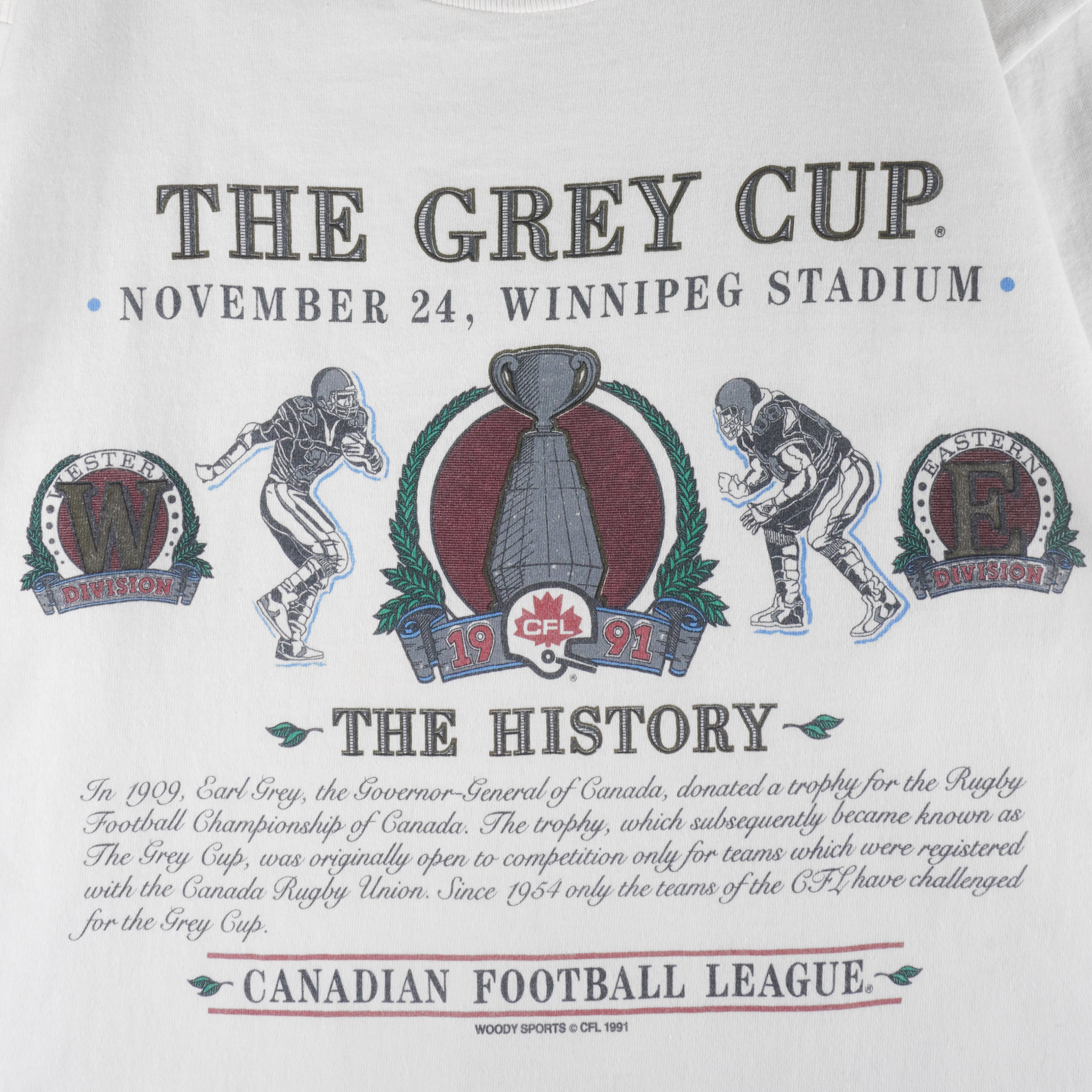 CFL (Woody Sports) - The Grey Cup History Single Stitch T-Shirt 1991 Large Vintage Retro Football