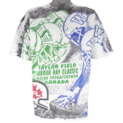 CFL - Labour Day Classic Blue Bombers VS Roughriders All Over Print T-Shirt 1990s X-Large