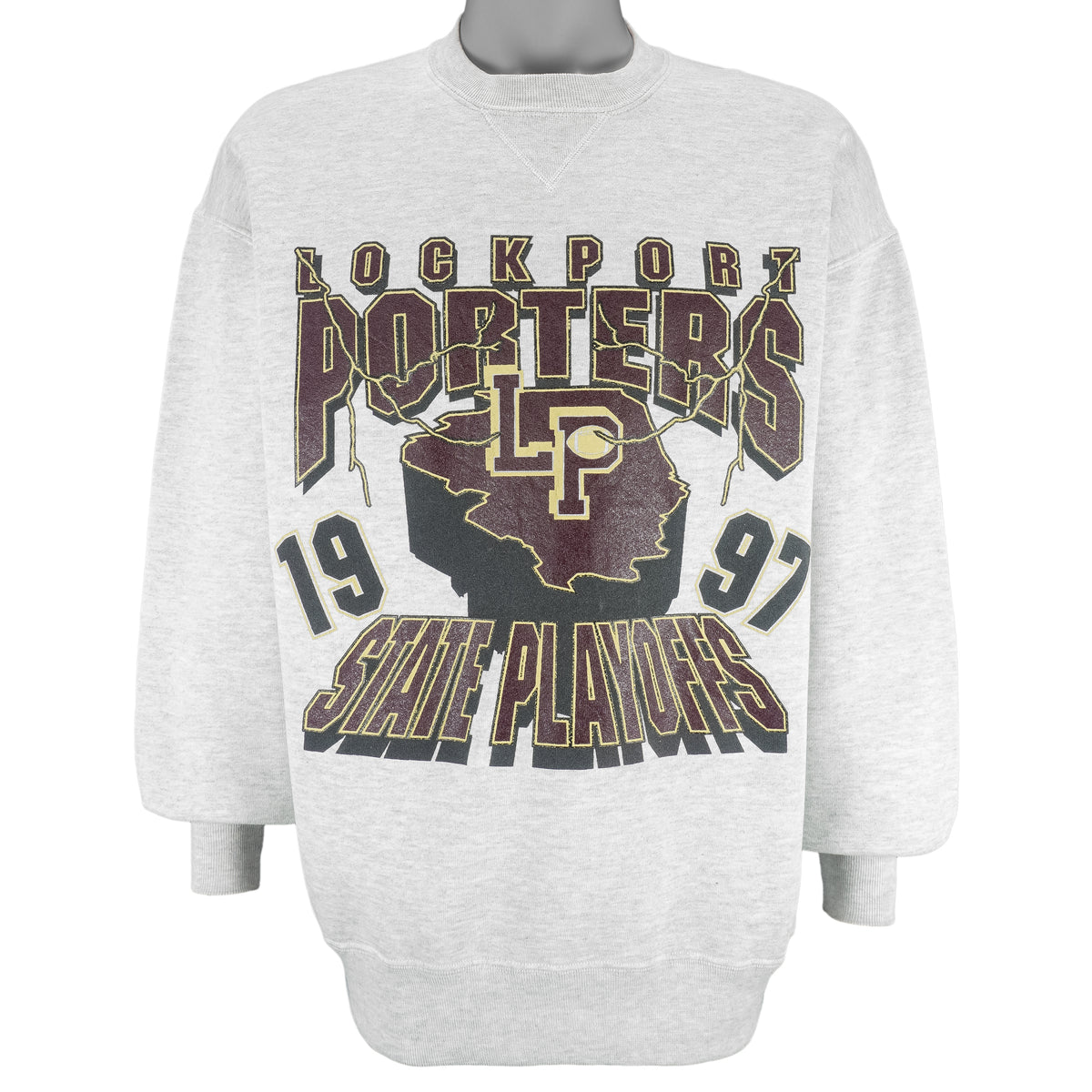 Vintage NCAA (Russell Athletic) - Lockport Porters State Playoff Sweatshirt 1997 X-Large in gray