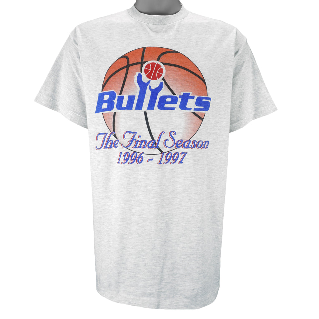 Gray t-shirt with 'Bullets' logo and basketball graphic on a white background
