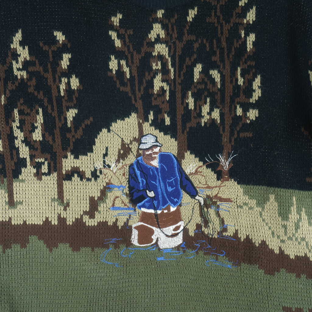 Vintage (Northwest Blue) - Fishing Graphic Crew Neck Knit Sweater 1990s Large