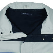 1990s vintage Nautica striped colorblock windbreaker. Navy blue with white and sky blue stripe in color, Large in size and is in excellent condition.