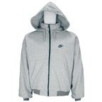 1990s vintage Nike reversible colorblock jacket-to-hoodie sweatshirt. Green and grey in color with large embroidered swoosh on windbreaker side, Medium in size and is in excellent condition.