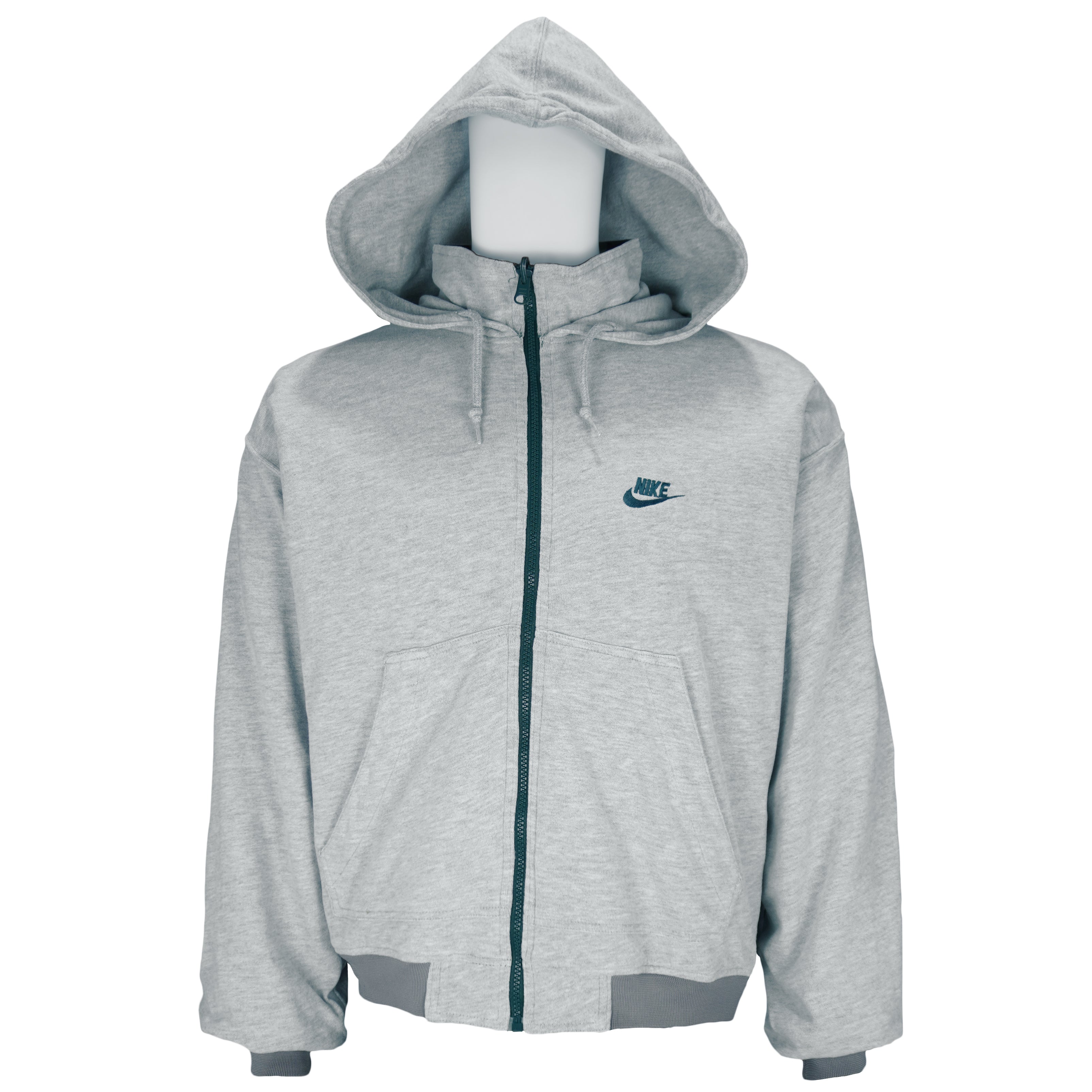 1990s vintage Nike reversible colorblock jacket-to-hoodie sweatshirt. Green and grey in color with large embroidered swoosh on windbreaker side, Medium in size and is in excellent condition.