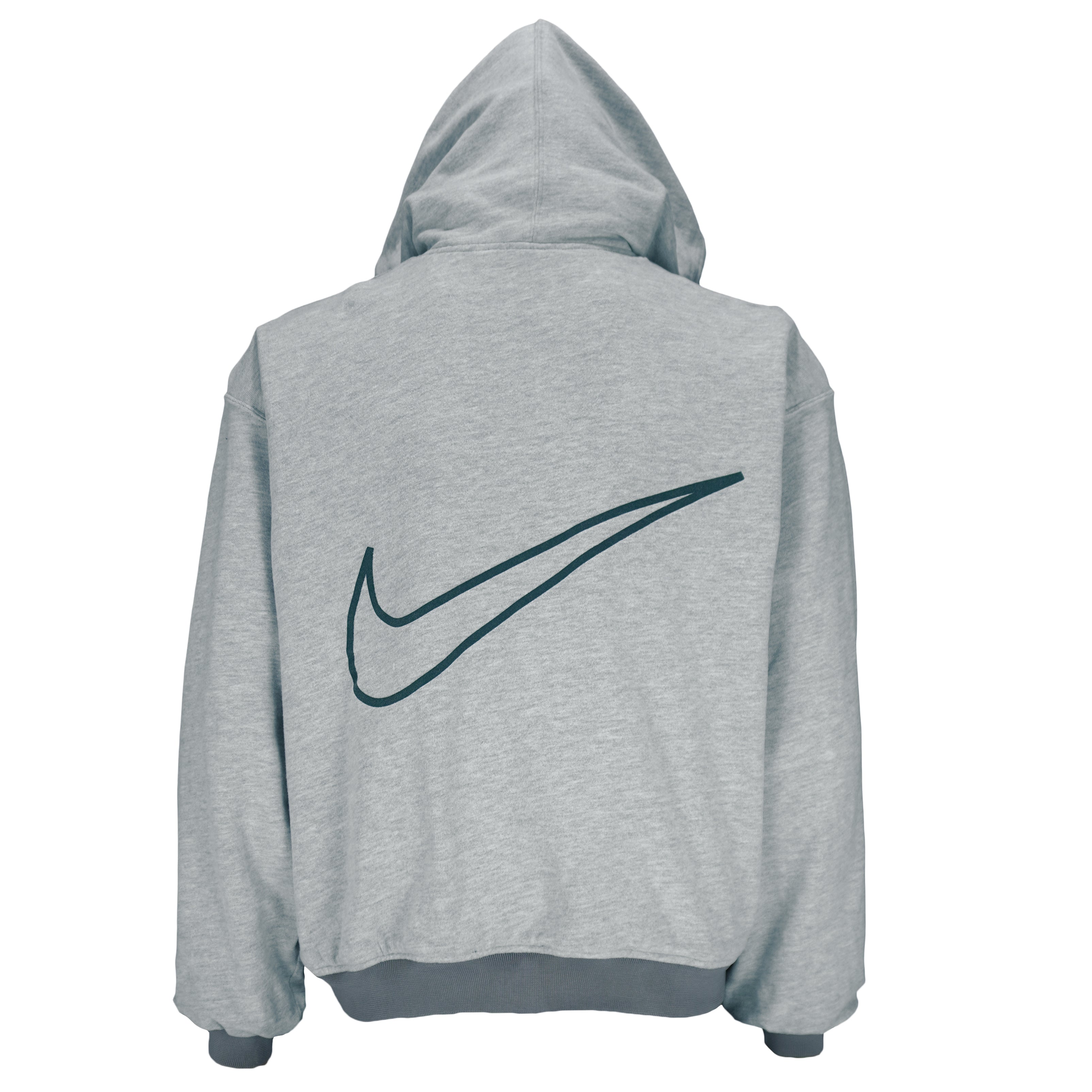 1990s vintage Nike reversible colorblock jacket-to-hoodie sweatshirt. Green and grey in color with large embroidered swoosh on windbreaker side, Medium in size and is in excellent condition.