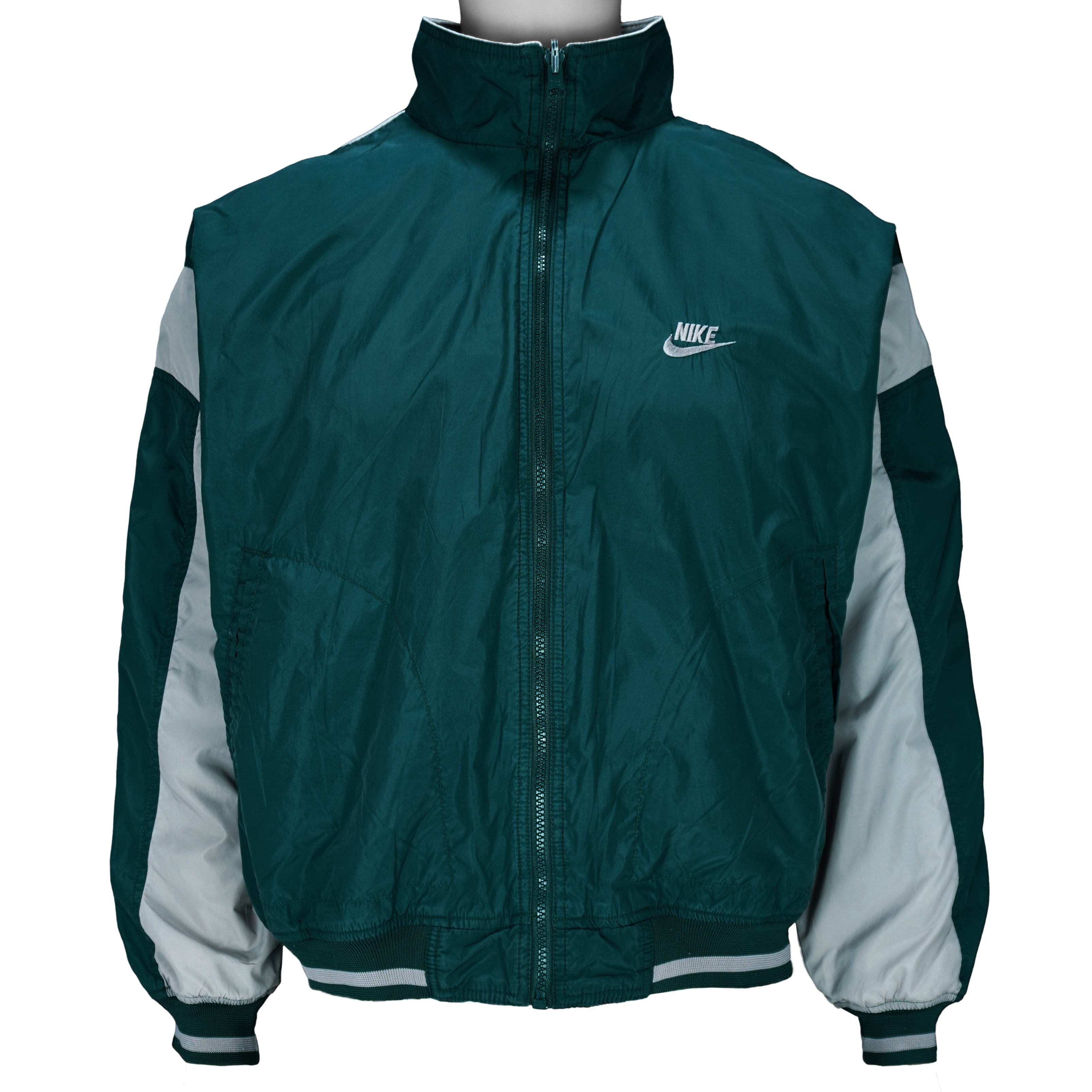 1990s vintage Nike reversible colorblock jacket-to-hoodie sweatshirt. Green and grey in color with large embroidered swoosh on windbreaker side, Medium in size and is in excellent condition.