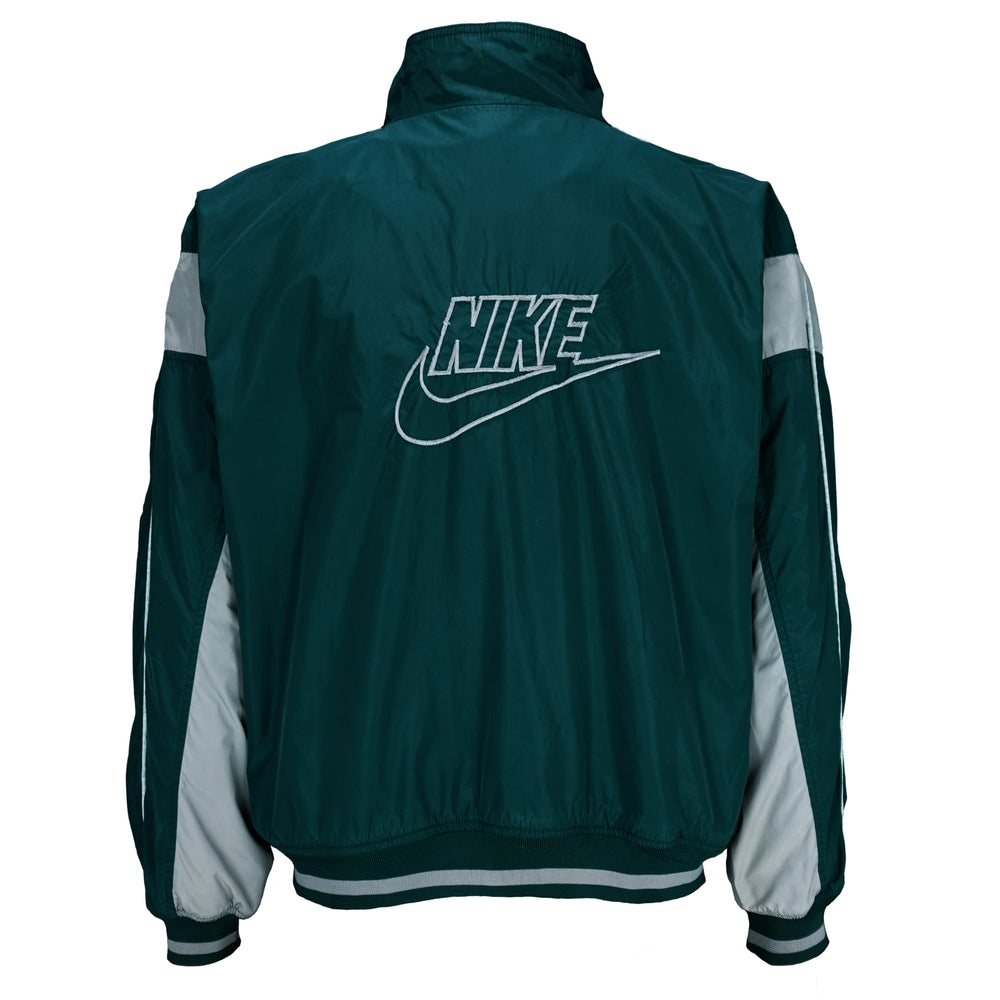 1990s vintage Nike reversible colorblock jacket-to-hoodie sweatshirt. Green and grey in color with large embroidered swoosh on windbreaker side, Medium in size and is in excellent condition.