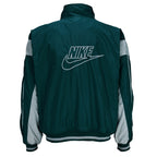 1990s vintage Nike reversible colorblock jacket-to-hoodie sweatshirt. Green and grey in color with large embroidered swoosh on windbreaker side, Medium in size and is in excellent condition.