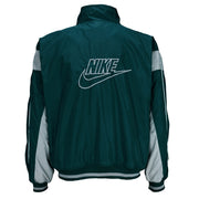 1990s vintage Nike reversible colorblock jacket-to-hoodie sweatshirt. Green and grey in color with large embroidered swoosh on windbreaker side, Medium in size and is in excellent condition.