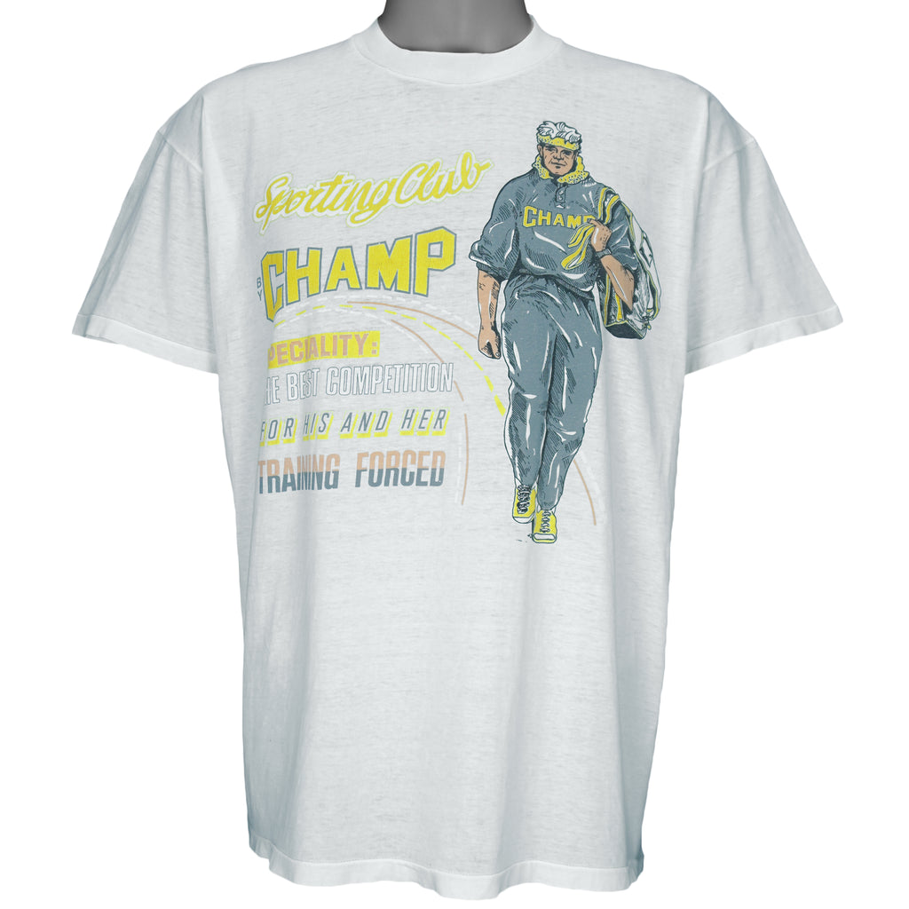 Vintage Sporting Club by CHAMP athletic graphic T-Shirt. White in color with "The Best Competition For His and Her Training Forced" printed on front, fits a size Large and is in very good condition.