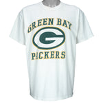 Vintage NFL Green Bay Packers spell-out and big-logo T-Shirt. White in color, fits large size and is in excellent condition.