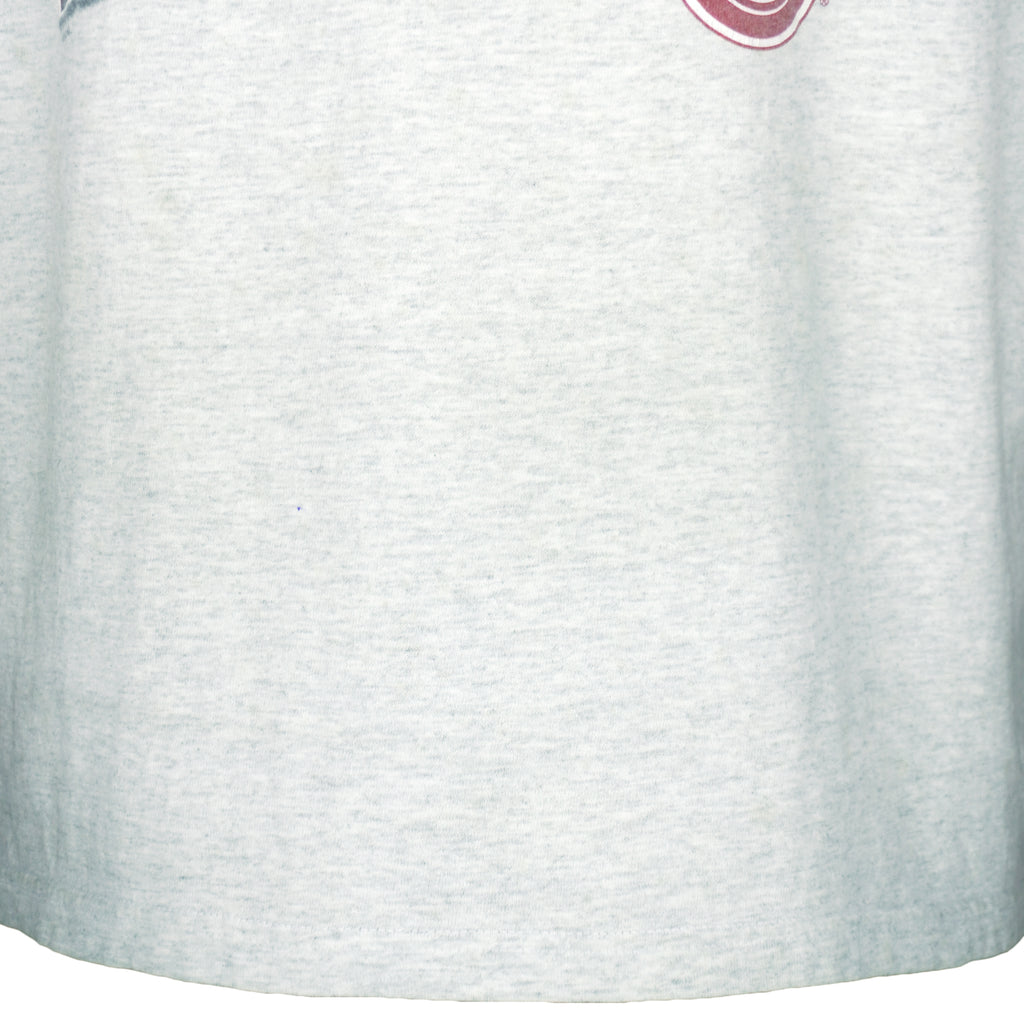 1990s vintage NHL Red Wings hockey puck T-Shirt by Fruit Of The Loom. Grey in color, with big spell-out, fits Large size and is in excellent condition