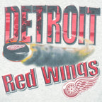 1990s vintage NHL Red Wings hockey puck T-Shirt by Fruit Of The Loom. Grey in color, with big spell-out, fits Large size and is in excellent condition