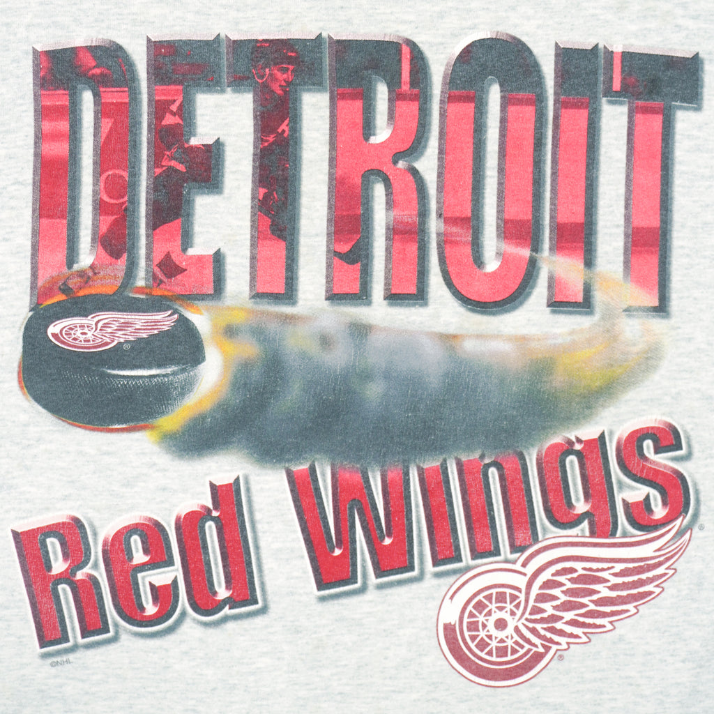 1990s vintage NHL Red Wings hockey puck T-Shirt by Fruit Of The Loom. Grey in color, with big spell-out, fits Large size and is in excellent condition