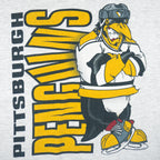 1990s vintage NHL Pittsburgh Penguins front and back printed T-Shirt. Grey in color with spell-out and cartoon penguin Iceburgh on front and back, fits X-Large in size and is in excellent condition.