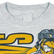 1990s vintage NHL Pittsburgh Penguins front and back printed T-Shirt. Grey in color with spell-out and cartoon penguin Iceburgh on front and back, fits X-Large in size and is in excellent condition.