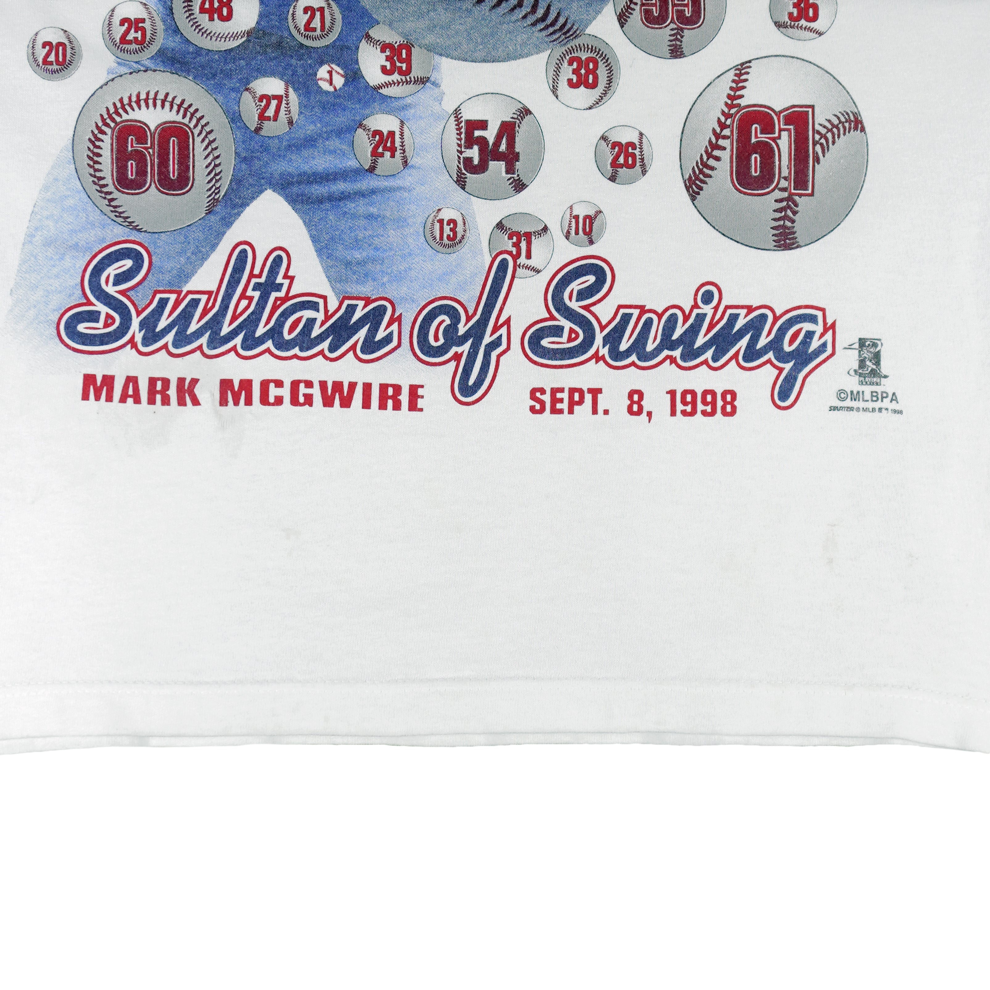 1998 vintage MLB St. Louis Cardinals Sultan of Swing Mark McGwire Single Stitch T-Shirt by Starter. White in color with spell-out and player image on front, Starter patch on left sleeve, fits Medium in size and is in excellent condition.