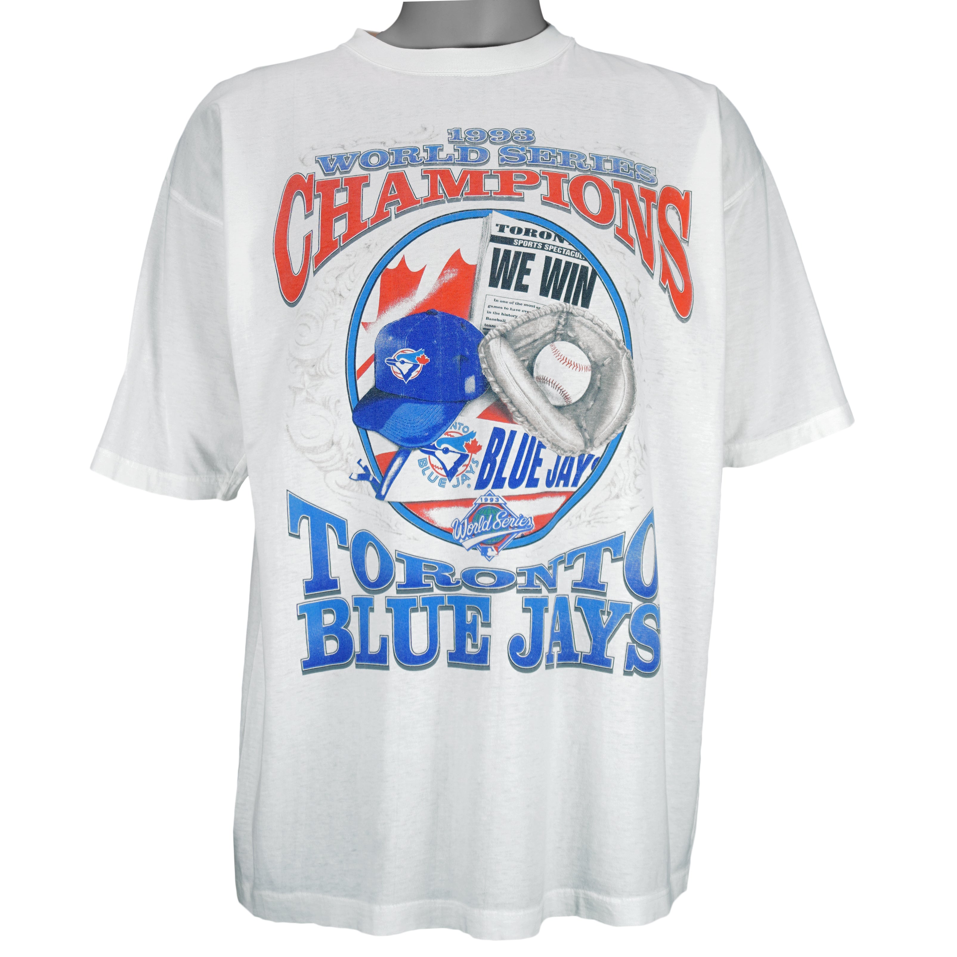 1993 vintage MLB Toronto Blue Jays World Series Champions single stitch T-Shirt by Starter (tagged Sogo). White in color with spell-out and "We Win" graphic on front, Large in size and is in excellent condition.