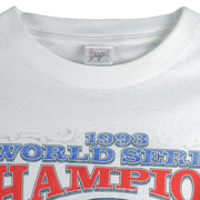 1993 vintage MLB Toronto Blue Jays World Series Champions single stitch T-Shirt by Starter (tagged Sogo). White in color with spell-out and "We Win" graphic on front, Large in size and is in excellent condition.