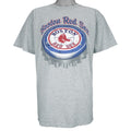 1990s vintage MLB Boston Red Sox spell-out T-Shirt by Majestic. Grey in color with bottle cap logo design, Large in size and is in excellent condition.