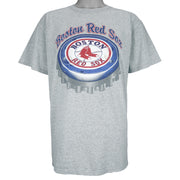 1990s vintage MLB Boston Red Sox spell-out T-Shirt by Majestic. Grey in color with bottle cap logo design, Large in size and is in excellent condition.