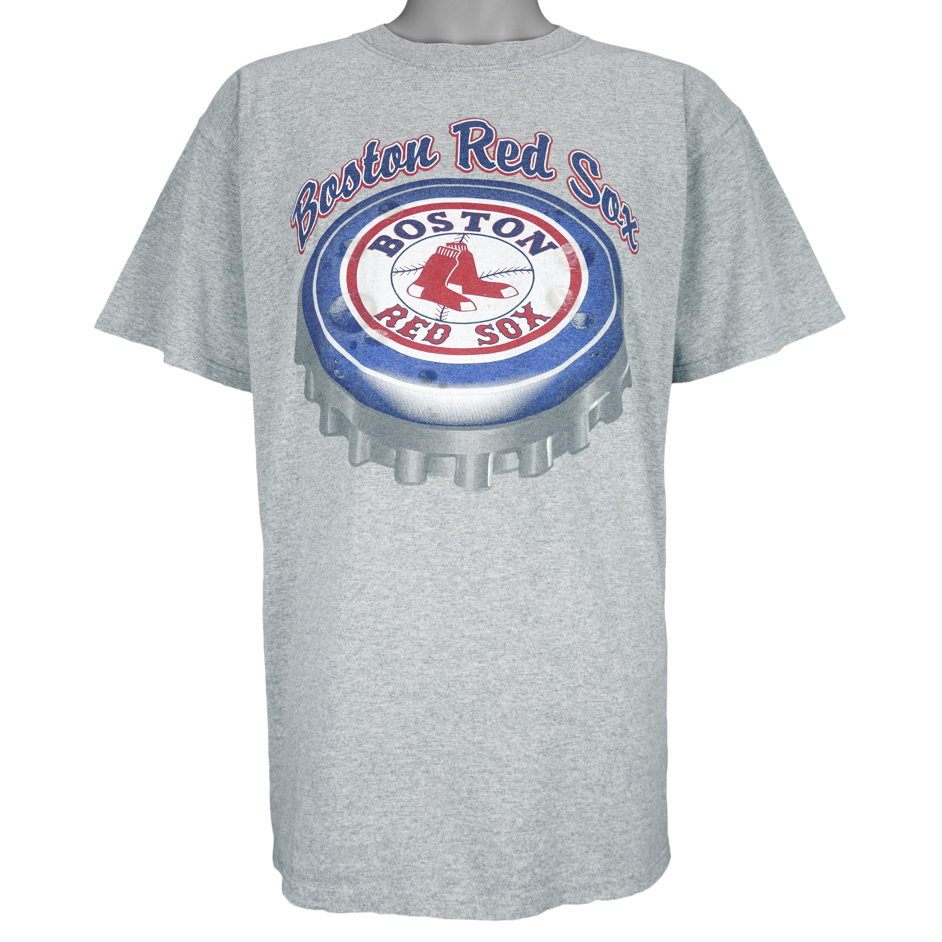 1990s vintage MLB Boston Red Sox spell-out T-Shirt by Majestic. Grey in color with bottle cap logo design, Large in size and is in excellent condition.