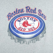 1990s vintage MLB Boston Red Sox spell-out T-Shirt by Majestic. Grey in color with bottle cap logo design, Large in size and is in excellent condition.