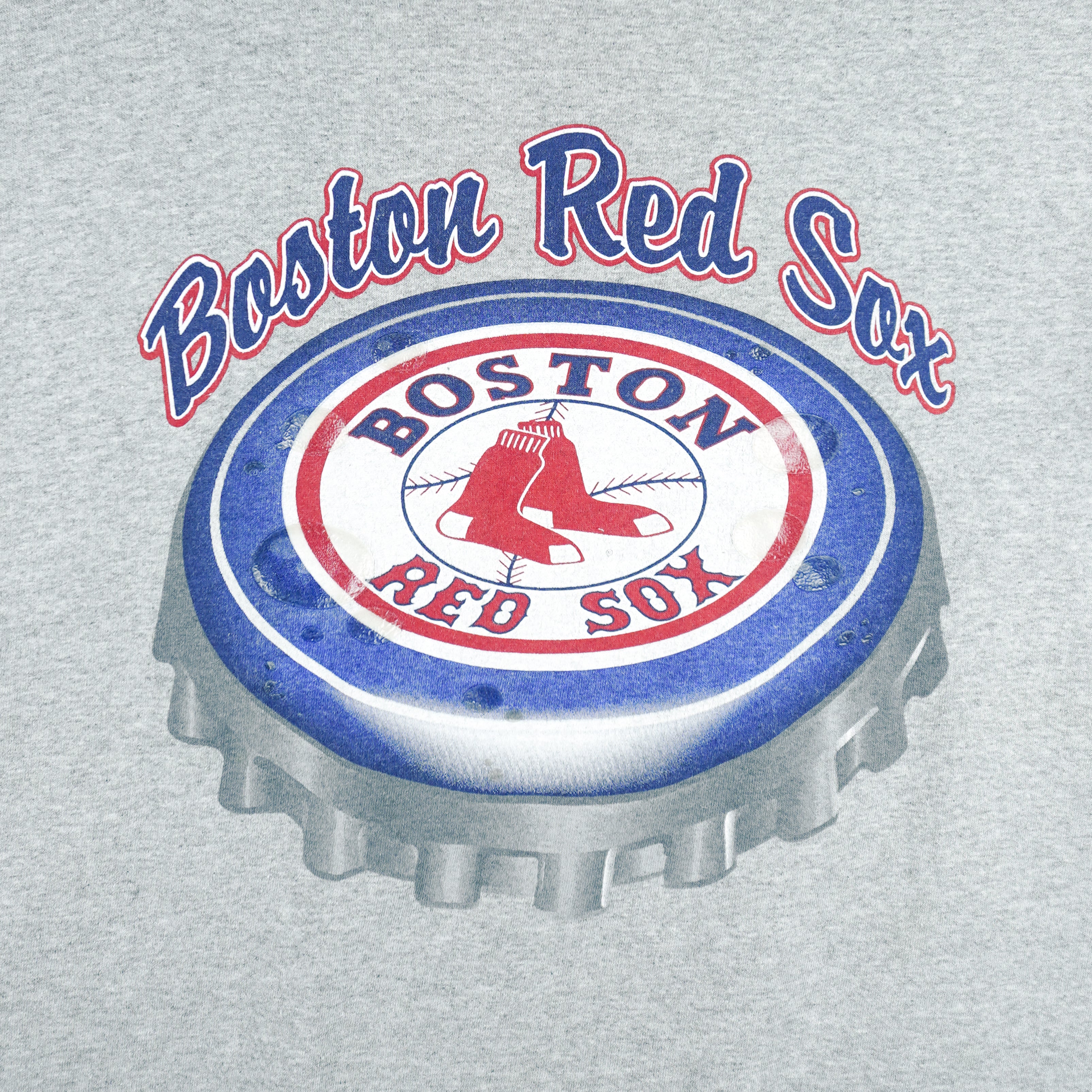 1990s vintage MLB Boston Red Sox spell-out T-Shirt by Majestic. Grey in color with bottle cap logo design, Large in size and is in excellent condition.