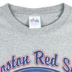 1990s vintage MLB Boston Red Sox spell-out T-Shirt by Majestic. Grey in color with bottle cap logo design, Large in size and is in excellent condition.