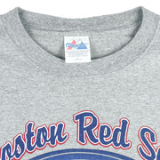 1990s vintage MLB Boston Red Sox spell-out T-Shirt by Majestic. Grey in color with bottle cap logo design, Large in size and is in excellent condition.