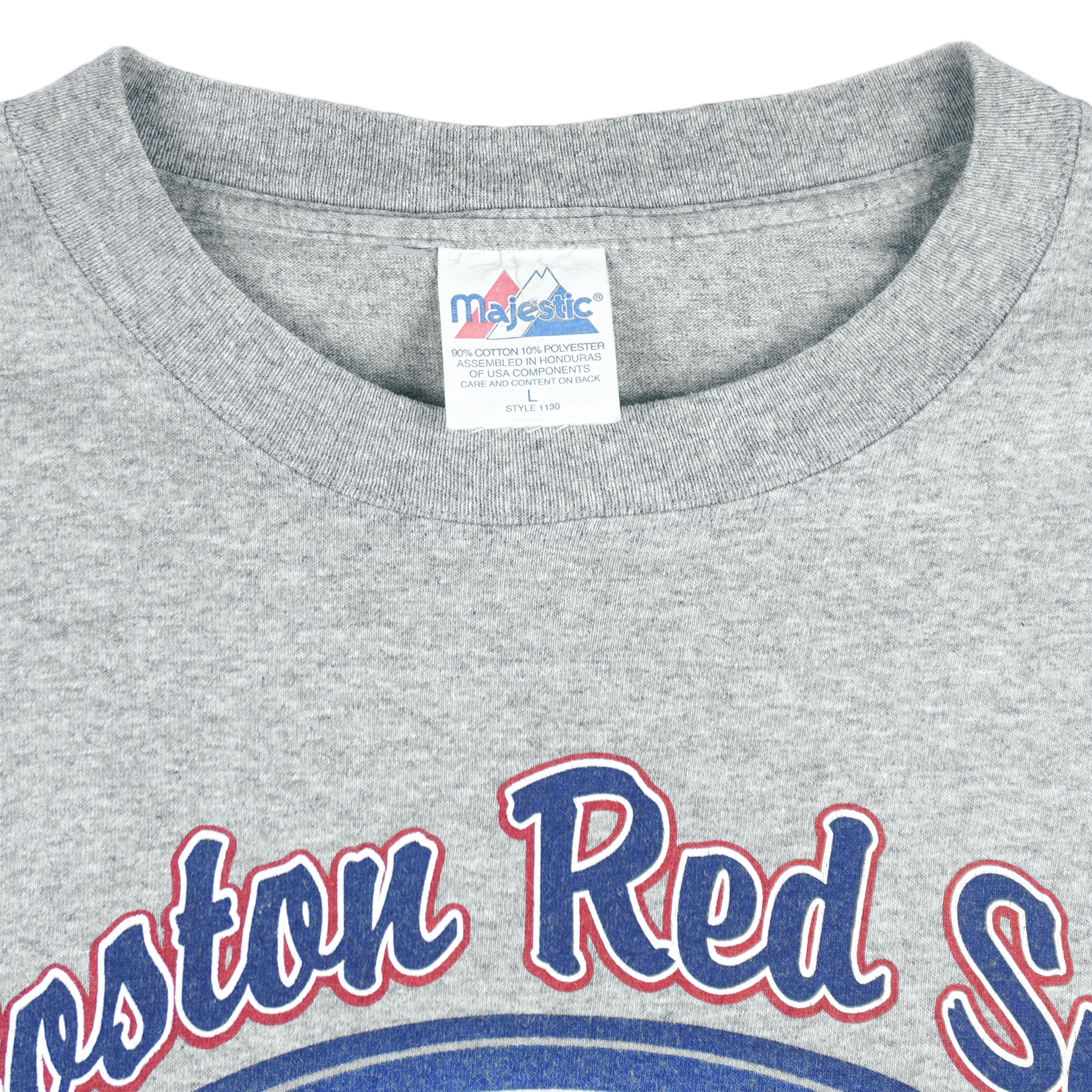 1990s vintage MLB Boston Red Sox spell-out T-Shirt by Majestic. Grey in color with bottle cap logo design, Large in size and is in excellent condition.