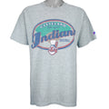 1998 vintage MLB Cleveland Indians T-Shirt by Pro Player. Grey in color with spell-out on front and Pro Player embroidered patch on left sleeve, Large in size and is in excellent condition.