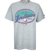 1998 vintage MLB Cleveland Indians T-Shirt by Pro Player. Grey in color with spell-out on front and Pro Player embroidered patch on left sleeve, Large in size and is in excellent condition.