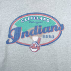 1998 vintage MLB Cleveland Indians T-Shirt by Pro Player. Grey in color with spell-out on front and Pro Player embroidered patch on left sleeve, Large in size and is in excellent condition.