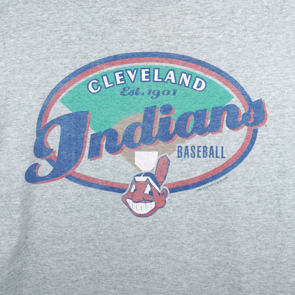 1998 vintage MLB Cleveland Indians T-Shirt by Pro Player. Grey in color with spell-out on front and Pro Player embroidered patch on left sleeve, Large in size and is in excellent condition.