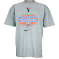 1990s vintage NBA New York Knicks Junior League T-Shirt from Jerzees. Grey in color with YMCA, Sprite, Knicks and Nike logos on front, Foot Locker logo on back, Large in size and is in excellent condition.