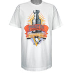 1991 vintage NHL Pittsburgh Penguins Stanley Cup Champions T-Shirt by Fruit of the Loom. White in color with large trophy print by Starter on front, fits a long Large in size and is in an excellent condition.