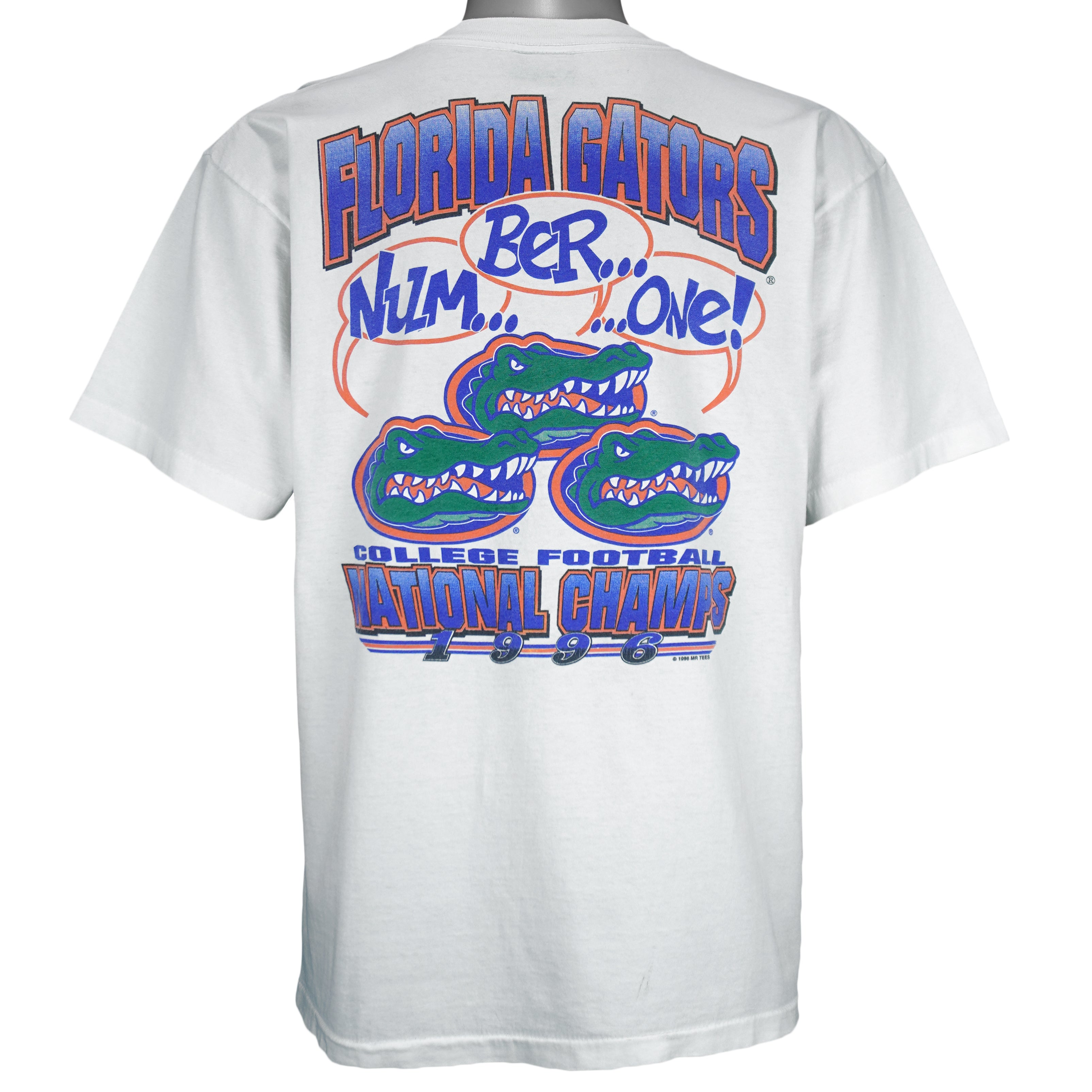 1996 vintage NCAA Florida Gators National Champions T-Shirt by Mr Tees. White in color with "Num... Ber... ...One!" spell-out graphic on back, Large in size and in excellent condition.
