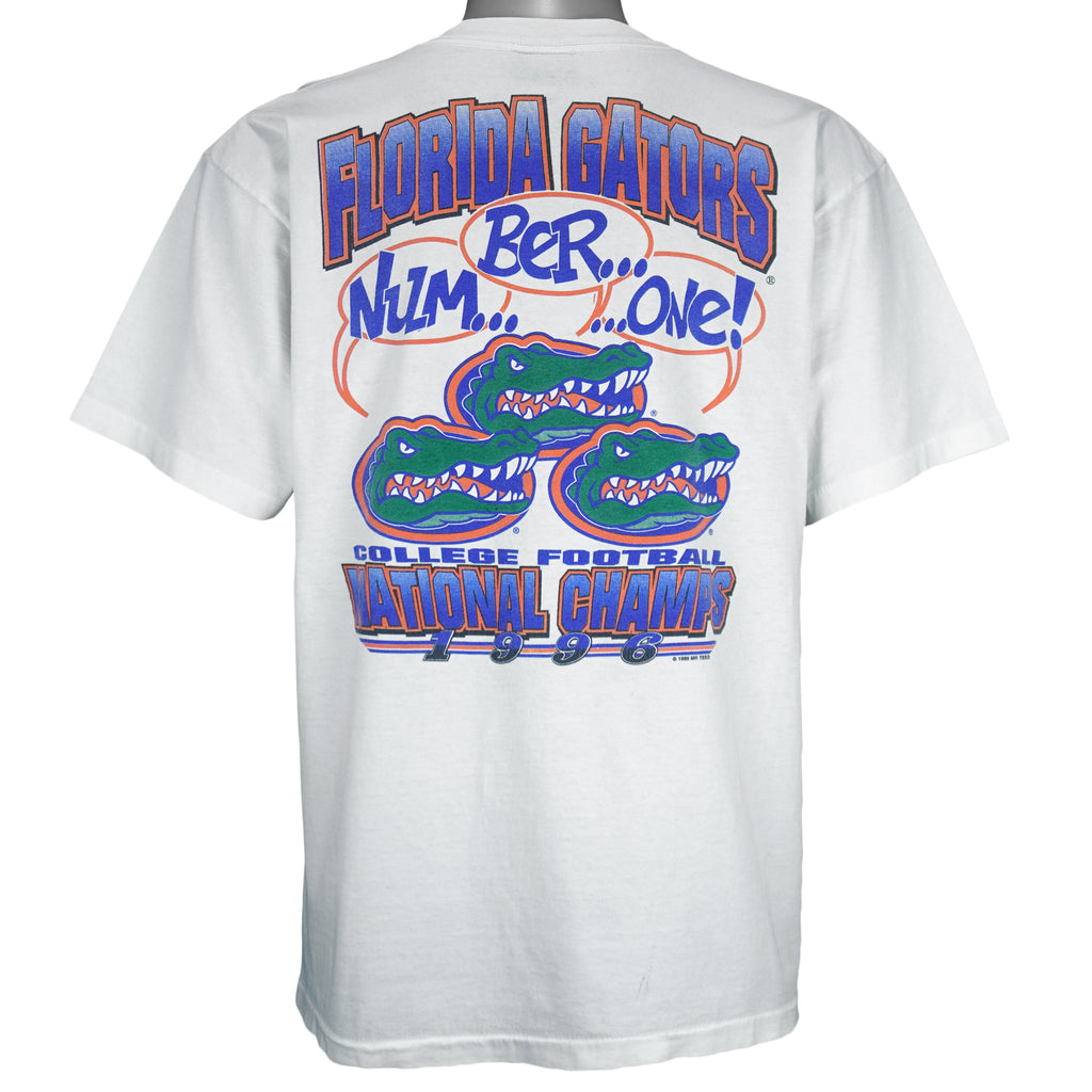 1996 vintage NCAA Florida Gators National Champions T-Shirt by Mr Tees. White in color with "Num... Ber... ...One!" spell-out graphic on back, Large in size and in excellent condition.