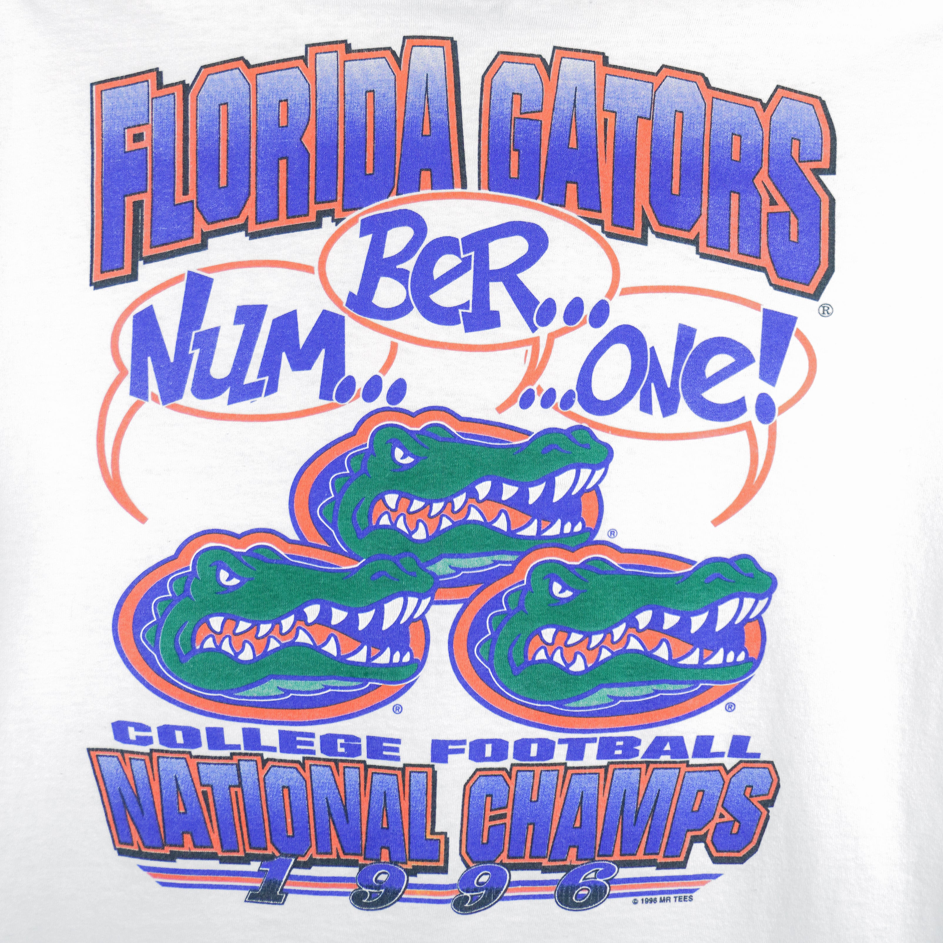 1996 vintage NCAA Florida Gators National Champions T-Shirt by Mr Tees. White in color with "Num... Ber... ...One!" spell-out graphic on back, Large in size and in excellent condition.