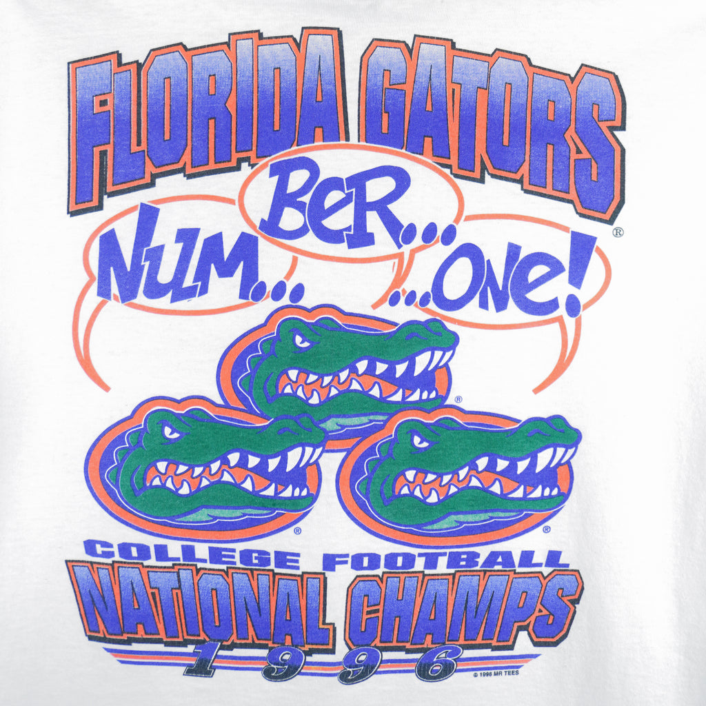 1996 vintage NCAA Florida Gators National Champions T-Shirt by Mr Tees. White in color with "Num... Ber... ...One!" spell-out graphic on back, Large in size and in excellent condition.