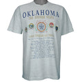 1990s vintage Oklahoma "The Sooner State" T-Shirt by Fruit of the Loom. Grey in color with various state facts and history printed on front, Large in size and is in excellent condition.