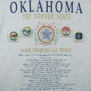 1990s vintage Oklahoma "The Sooner State" T-Shirt by Fruit of the Loom. Grey in color with various state facts and history printed on front, Large in size and is in excellent condition.