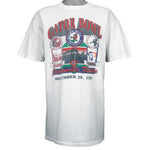 1996 vintage NHL Detroit Red Wings Stanley Cup 62 T-Shirt by Lee Sport. Grey in color with Nutmeg print "Most Wins Ever, Get Cup Crazy" on front, fits X-Large in size and is in excellent condition.