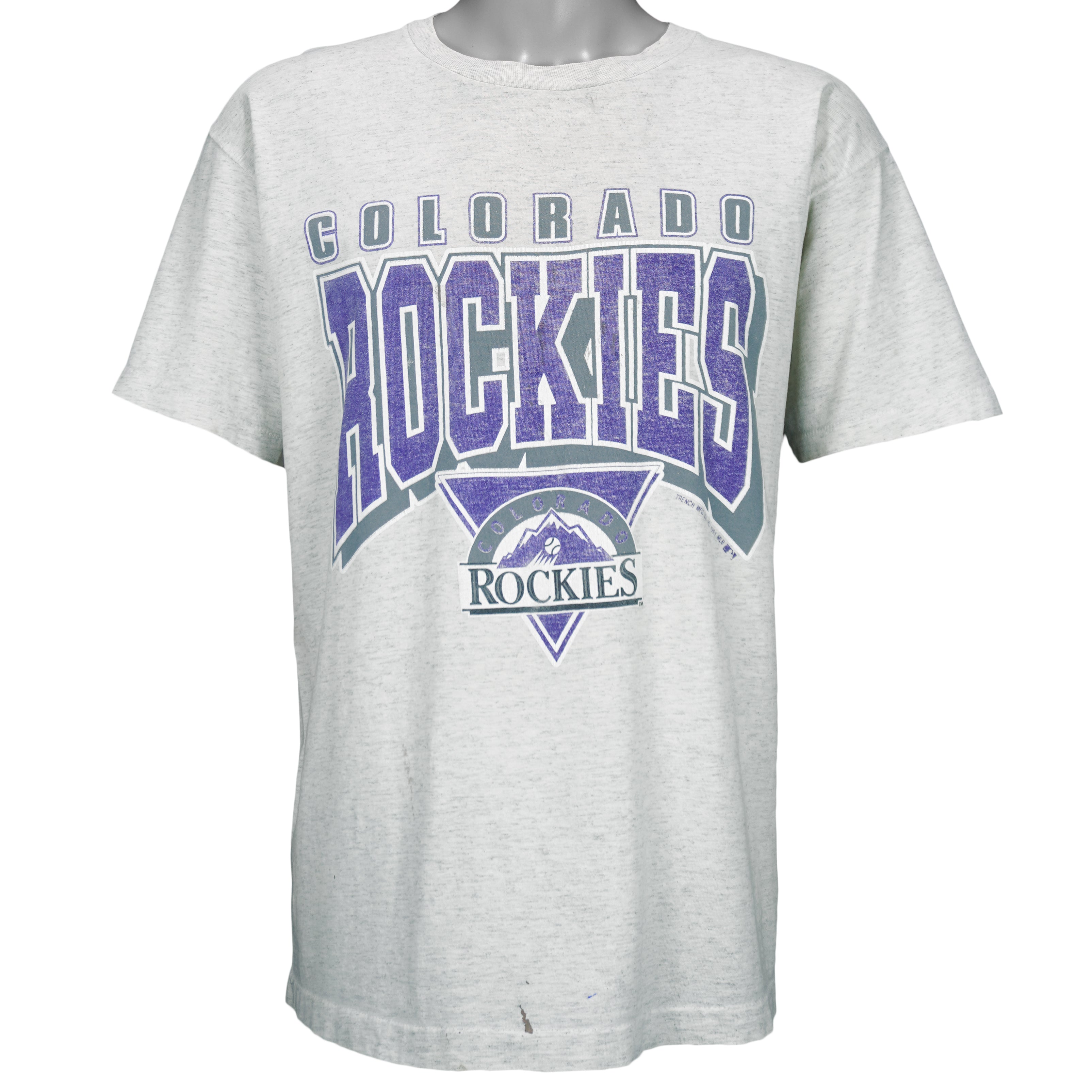 1991 vintage MLB Colorado Rockies spell-out T-Shirt by Trench. White in color, X-Large in size and is in excellent condition.
