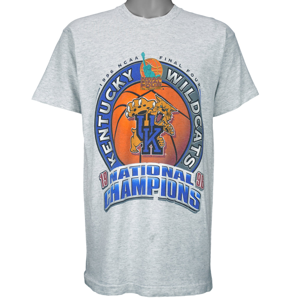 1996 vintage NCAA Kentucky Wildcats National Champions T-Shirt. Grey in color with Final Four logo, fits large in size and is in excellent condition.