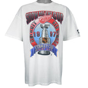 1997 vintage Starter NHL Detroit Red Wings "Show Me The Cup" Stanley Cup Champions T-Shirt. White in color with big spell-out and logo, X-Large in size and in excellent condition.