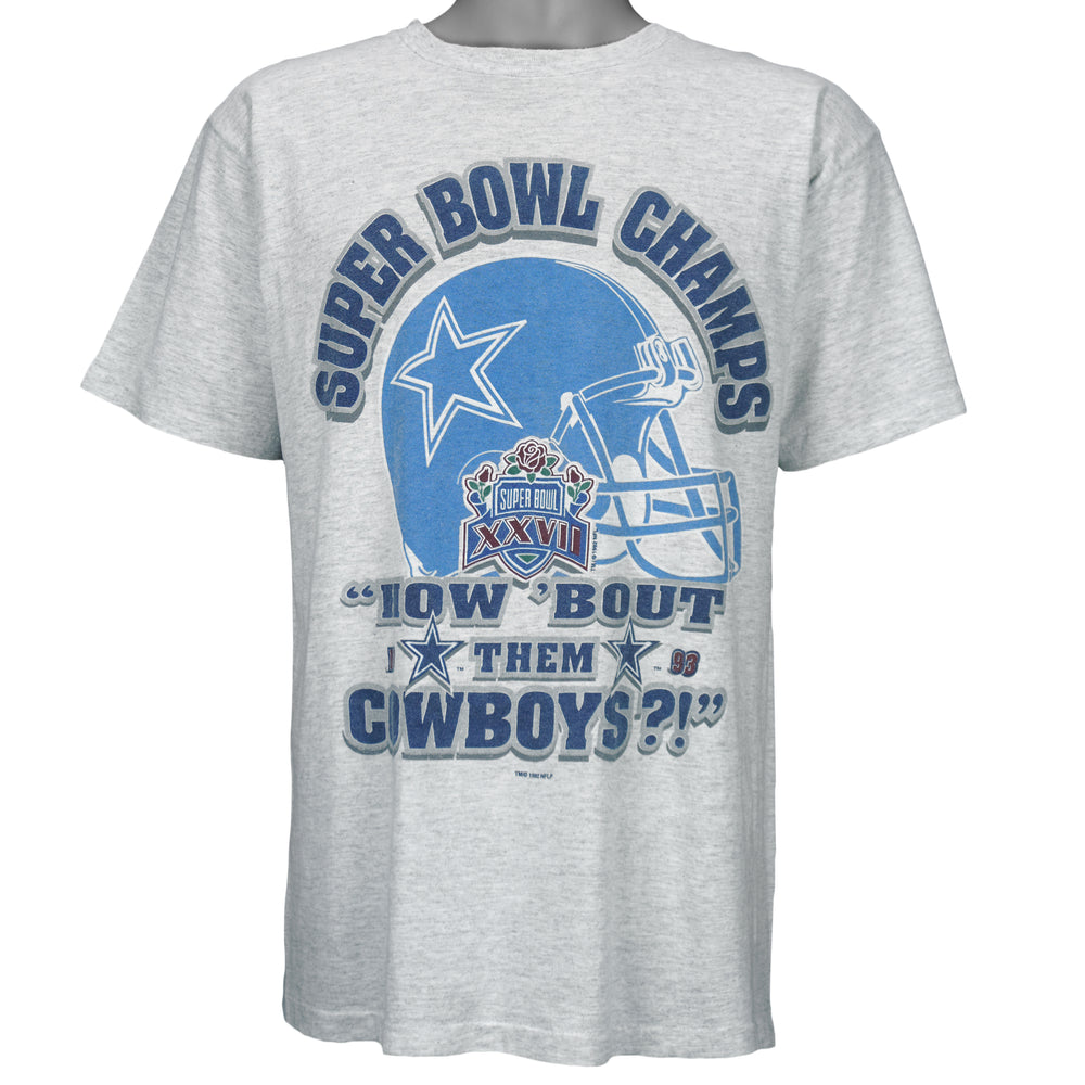 1993 vintage NFL Dallas Cowboys Super Bowl XXVII Champions T-Shirt. Grey in color with spell-out "How 'Bout them Cowboys" and helmet printed on front, fits Large in size and in excellent condition.